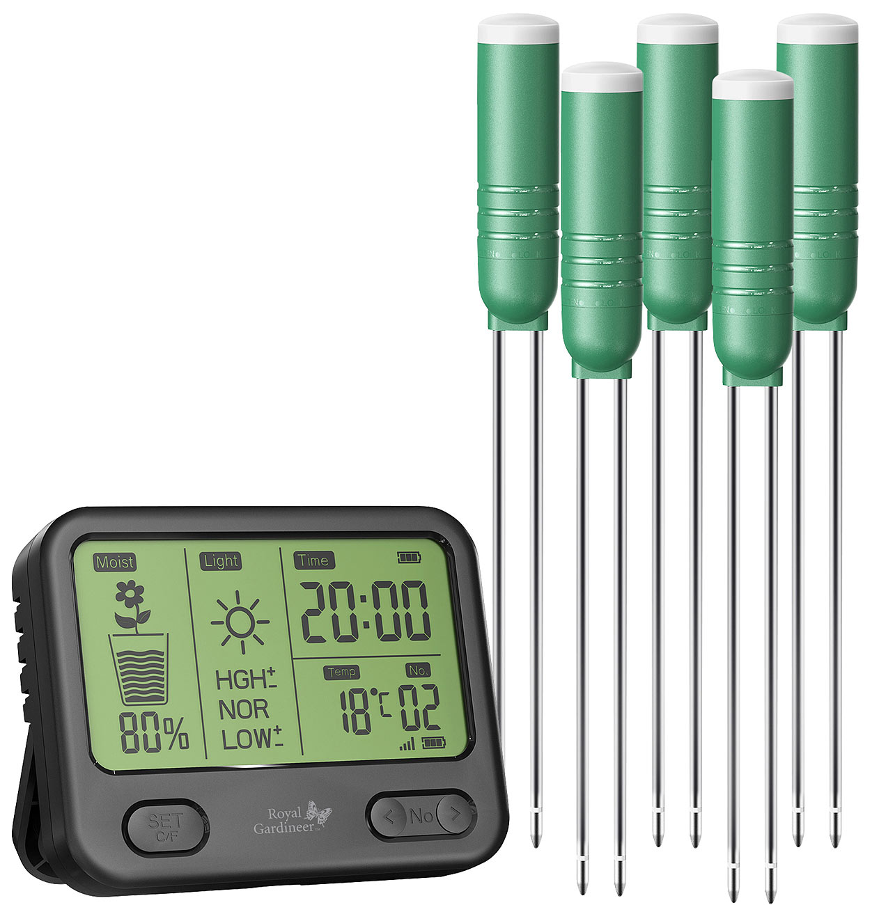 Royal Gardineer Bodenfeuchte-Hygrometer: 4in1-Funk-Boden-Feuchtigkeitsmesser-Set mit 5 Sensoren, innen & außen (4-in-1-Digital-Feuchtigkeitsmesser)