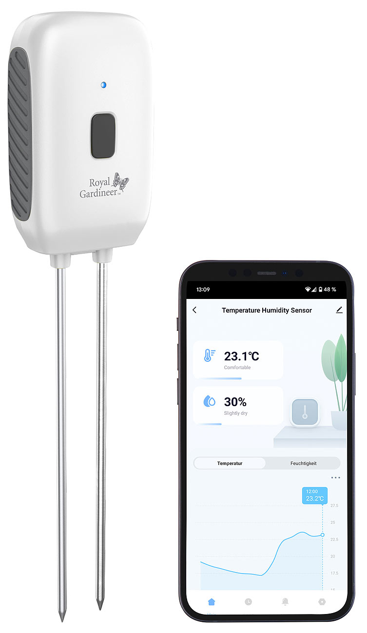 Royal Gardineer Pflanzen Sensor: Smarter Boden-Feuchtigkeits- & Temperatur-Sensor mit Bluetooth, App (Bodenthermometer, Bodenmessgerät für optimale)