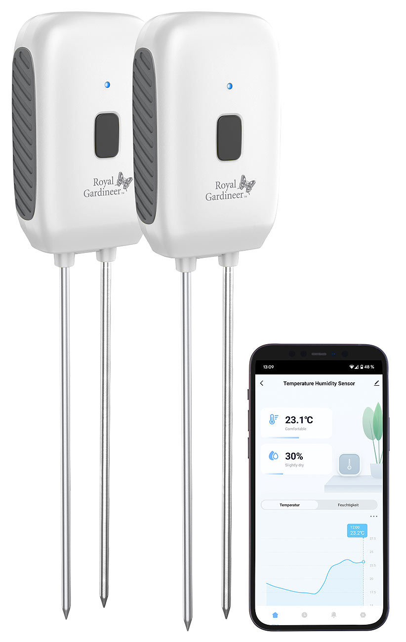 Royal Gardineer sensor para plantas en maceta: Juego de 2 sensores de humedad/temperatura del suelo, compatibles con Bluetooth, aplicación (sensor)