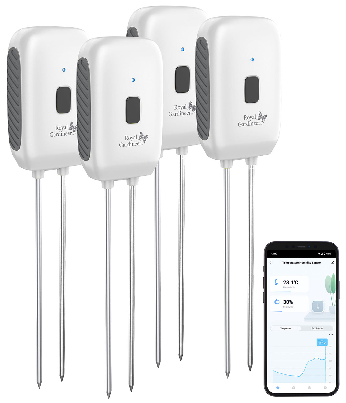 Royal Gardineer sensore per piante da interno: Set di 4 sensori di umidità/temperatura del suolo, compatibili con Bluetooth, App (sensore umidità del)
