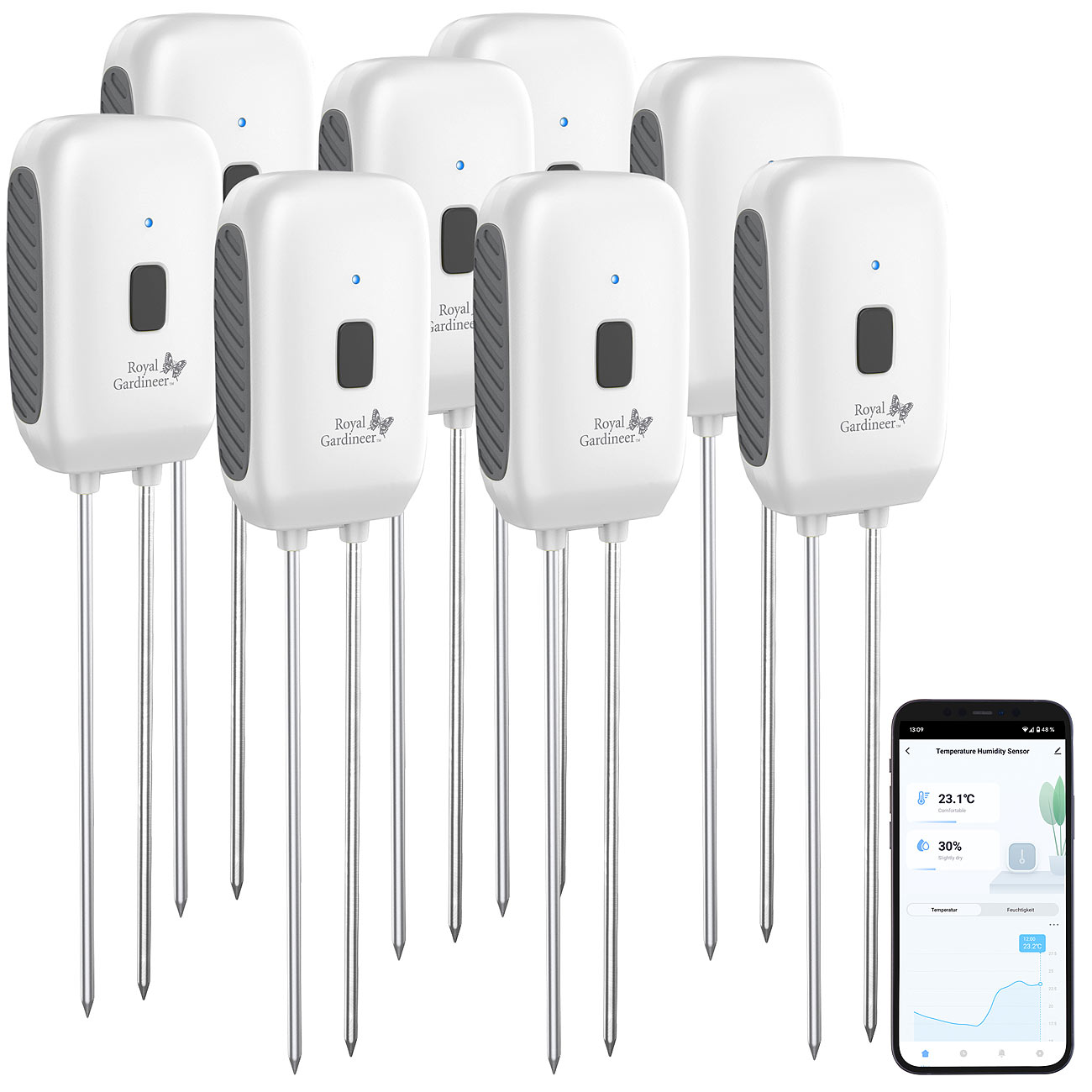 Royal Gardineer capteur pour plantes en pot: Ensemble de 8 capteurs d'humidité/température du sol, compatibles Bluetooth, application (capteur)