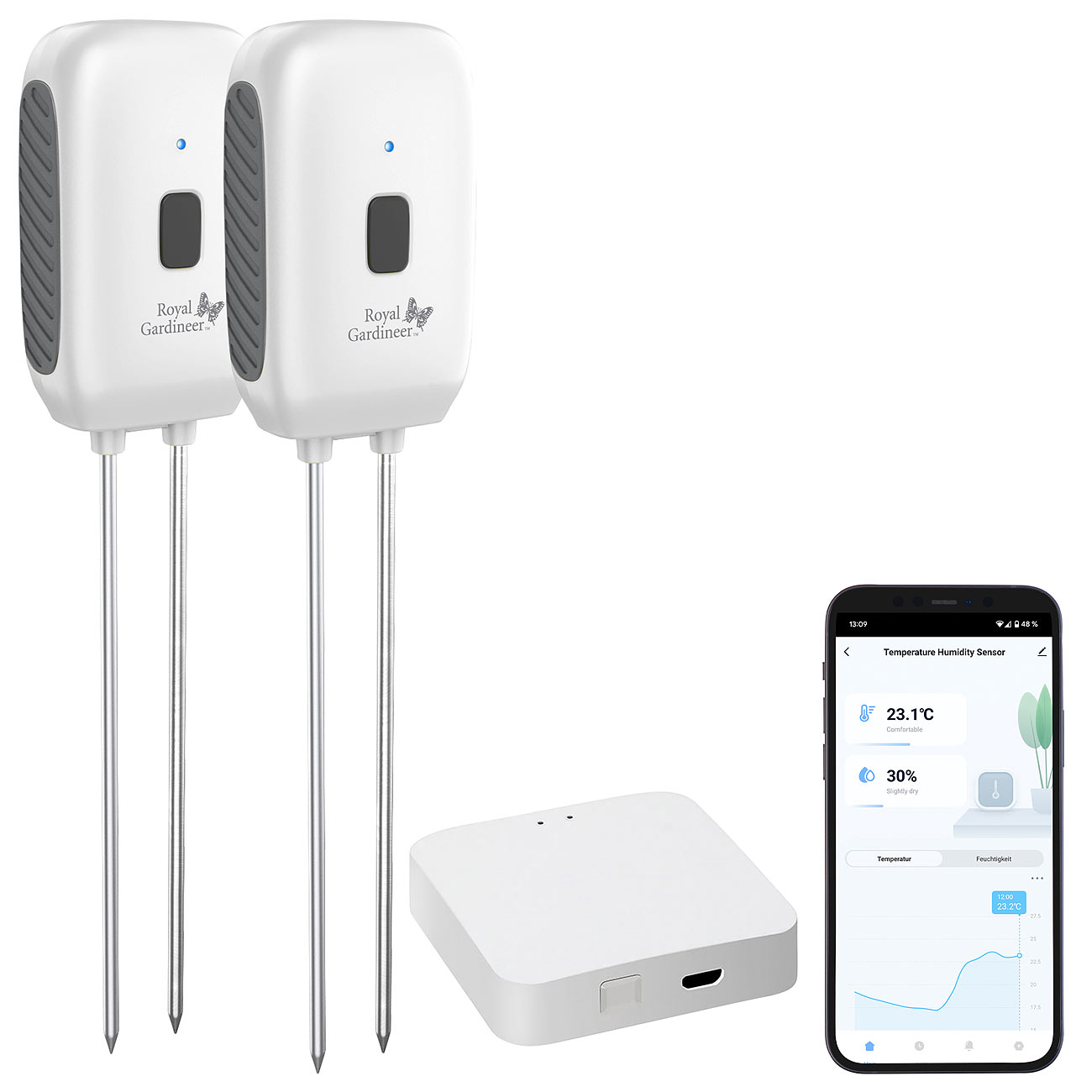 Royal Gardineer sensore di temperatura del terreno: Set di 2 sensori di umidità e temperatura del suolo con gateway Wi-Fi, app (misuratore di umidità)