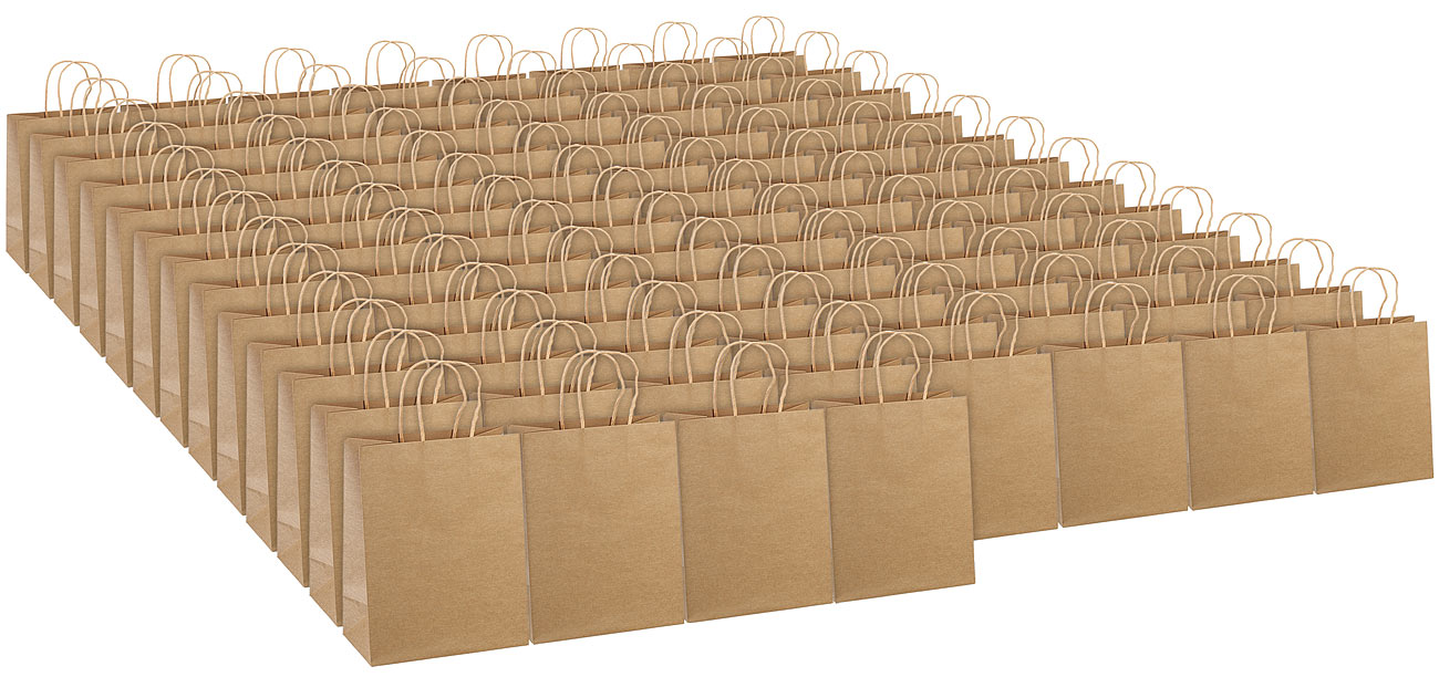 infactory Papier-Geschenktüten: 100er-Set Kraftpapier-Geschenktüten mit Henkel, 27 x 12 x 21 cm (Geschenktüten naturfarben, Kraftpapiertüten)