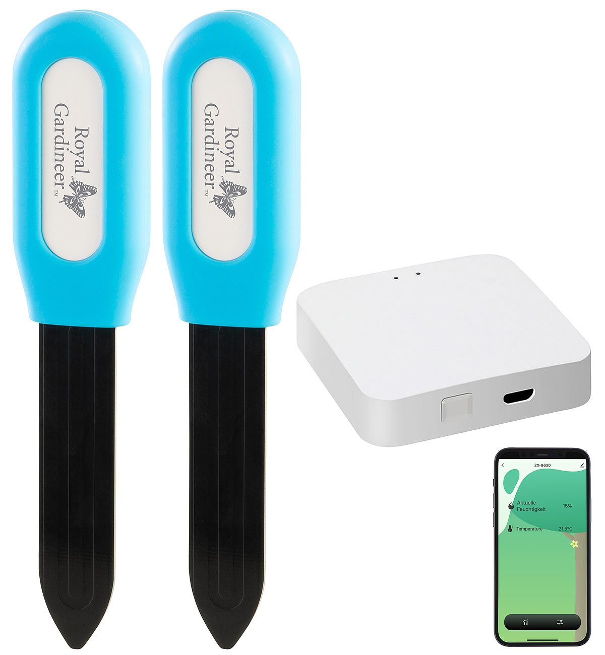 Luminea Home Control Bodenfeuchte-Sensoren: 2x Pflanzen-Bodenfeuchtigkeits- & Temperatursensor + WLAN-Gateway, App (Feuchtigkeits-& Temperatursensor)