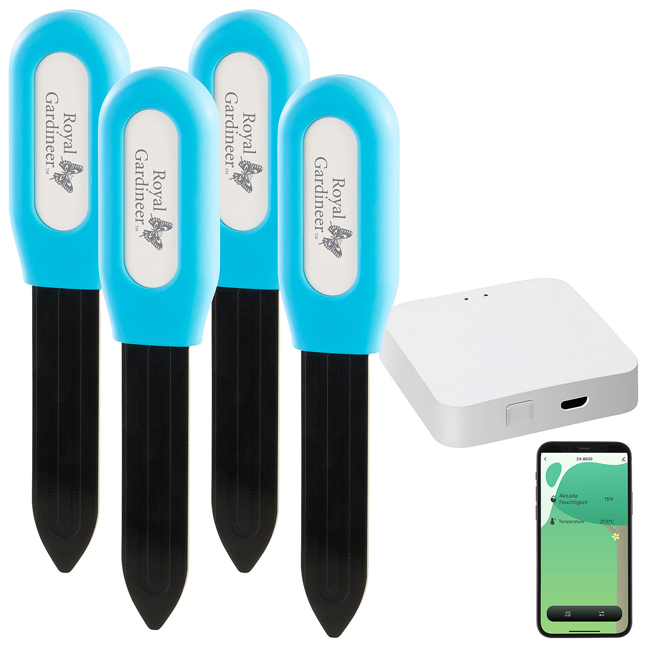 Luminea Home Control sensore per piante in vaso sensore per piante in vaso: 4x sensore di umidità del suolo delle piante e temperatura + gateway