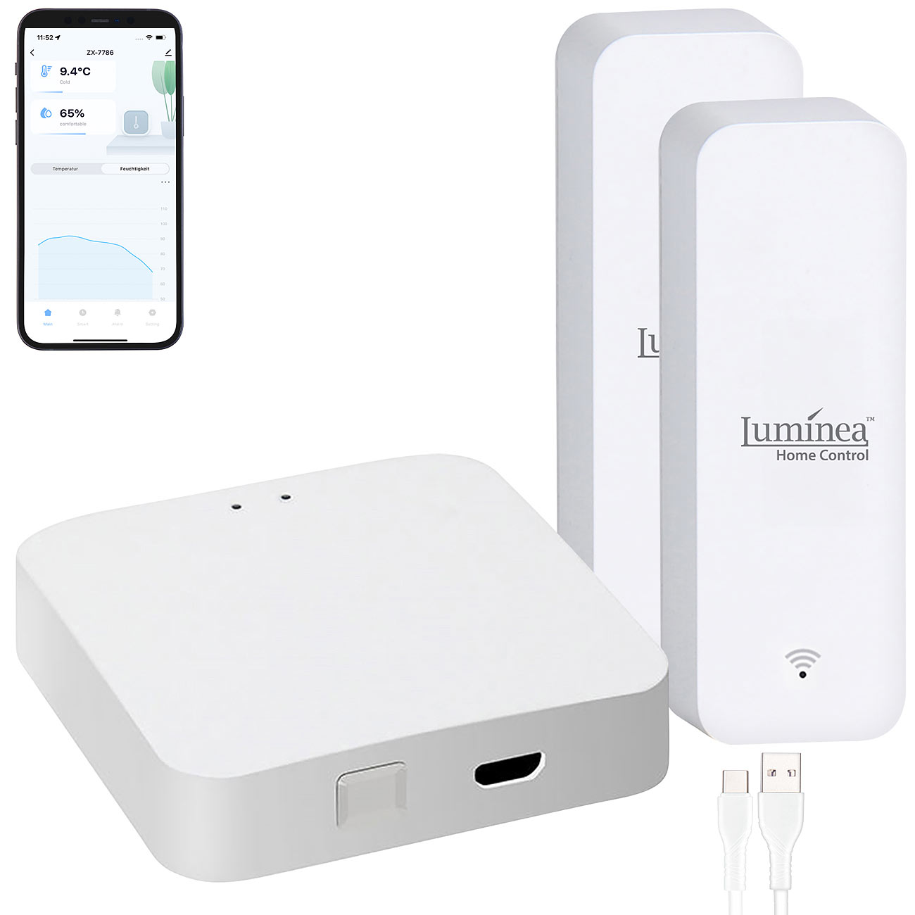 Luminea Home Control termometru cu aplicație WiFi termometru cu aplicație WiFi: Set de 2 senzori de temperatură și umiditate + gateway WLAN,