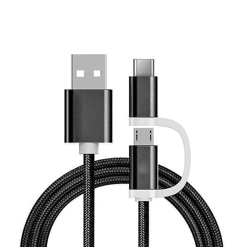 Ladekabel 2in1 USB Micro & Type C, 1 Meter, Schwarz-Nylon