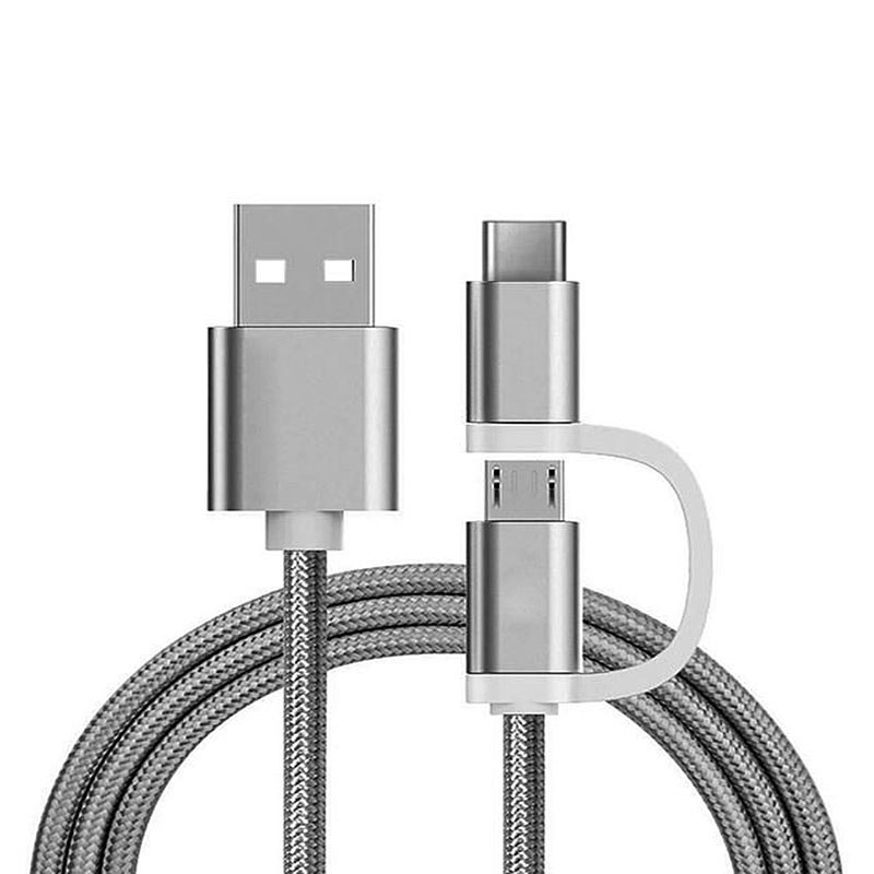 Ladekabel 2in1 USB Micro & Type C, 1 Meter, Silber-Nylon