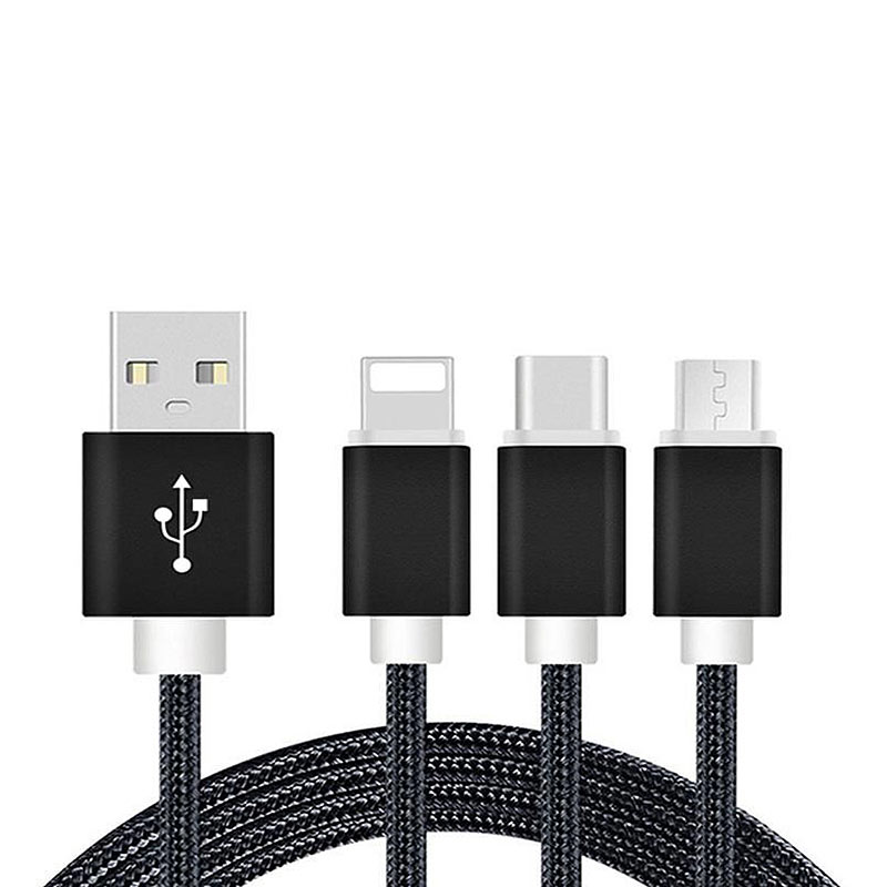 3in1 Ladekabel: Micro USB, USB Type-C & Lightning, 1,2 Meter, schwarz