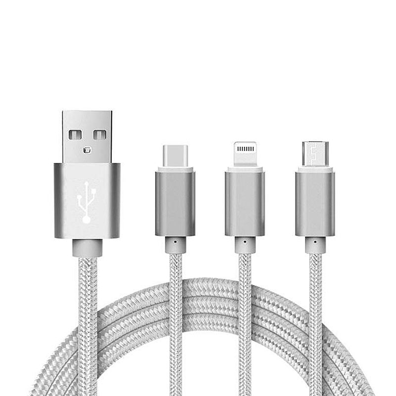 3in1 Ladekabel: Micro USB, USB Type-C & Lightning, 1,2 Meter, silber