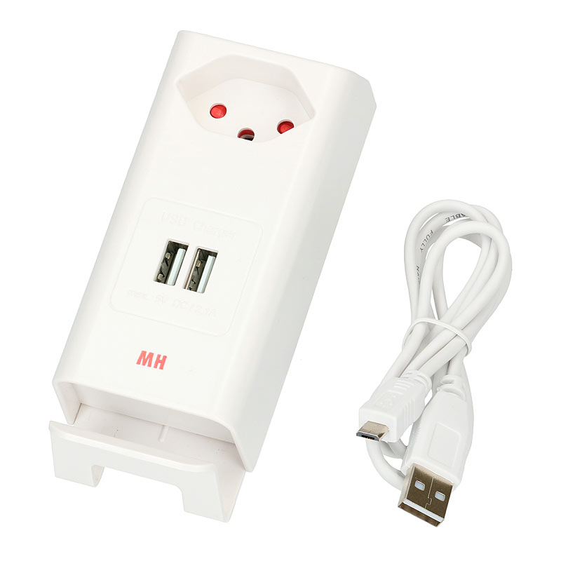 Twin-USB-Charger mit integrierter Steckdose und Handyhalterung, weiss