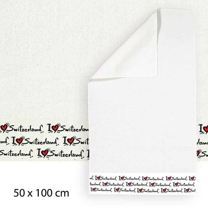 Designer-Handtuch I love Switzerland, 50x100cm, aus Baumwoll-Frottee