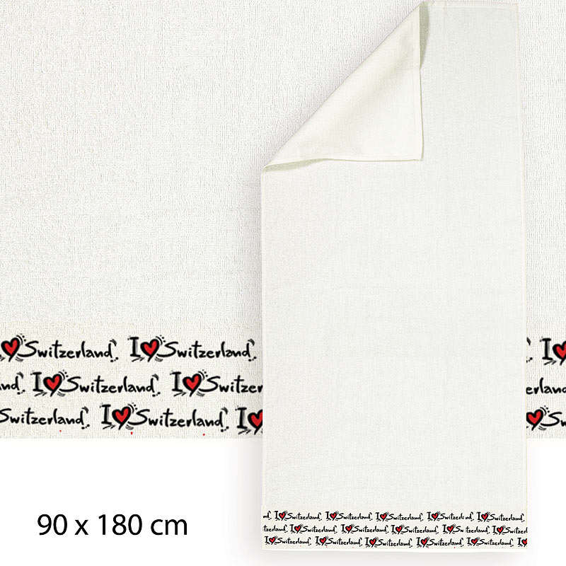 Designer-Badetuch I love Switzerland,  90x180cm, aus Baumwoll-Frottee