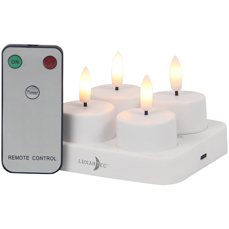 Lunartec 16er-Set LED-Akku-Teelichter mit USB-Ladestation, Fernbedienung, Timer