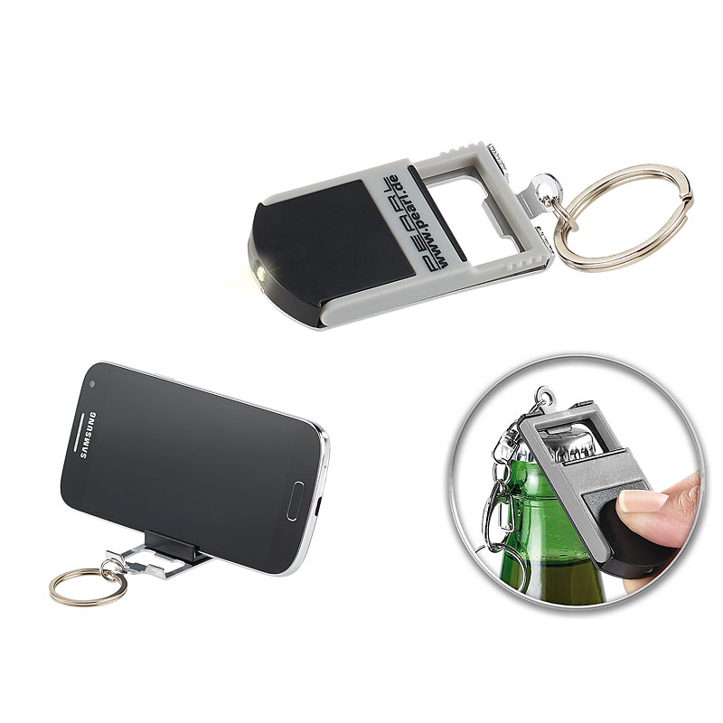 3in1-Schlüsselanhänger: Smartphone-Ständer, Leuchte & Flaschenöffner