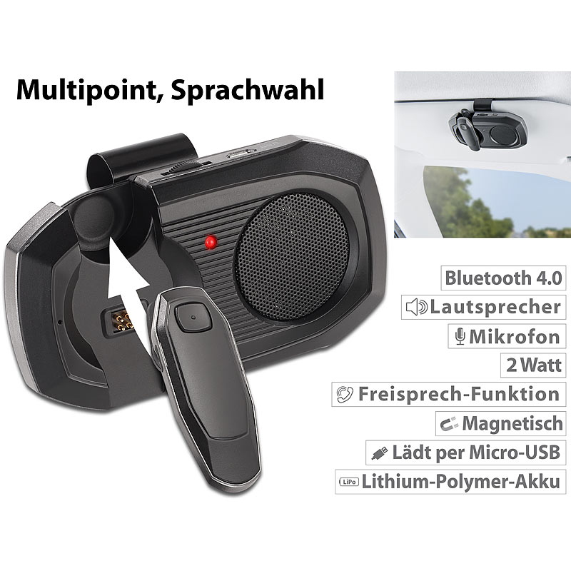 Kfz-Freisprechanlage m. abnehmbarem Headset, Bluetooth 4.0, Multipoint
