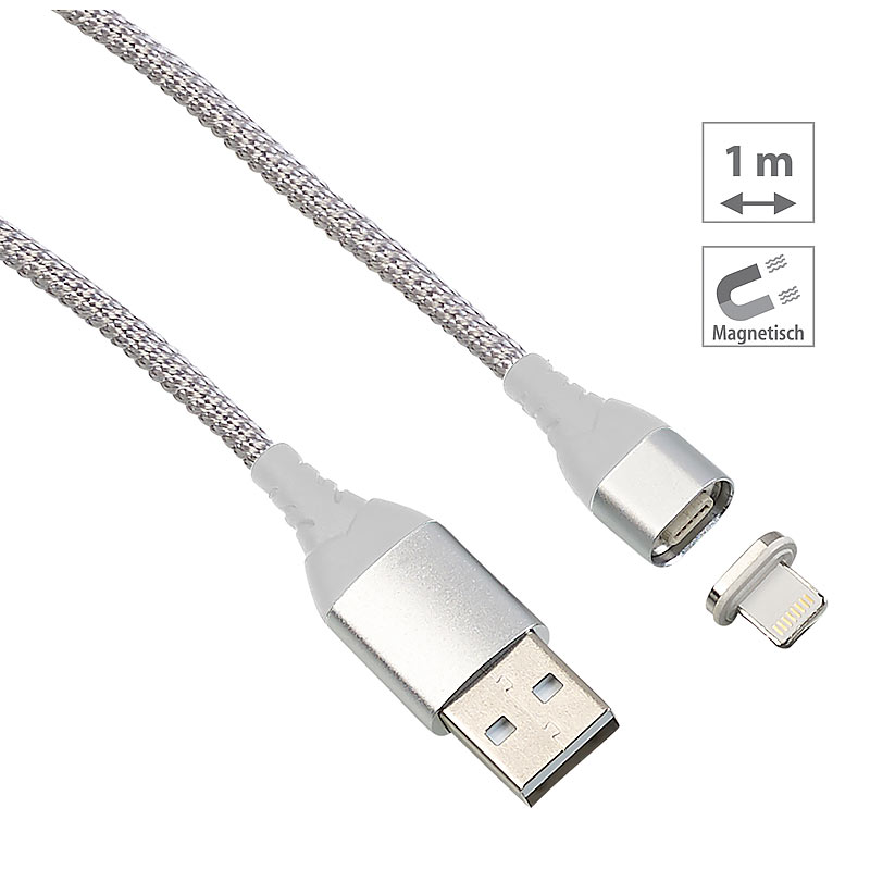 USB-Lade- & Datenkabel mit magnetischem Lightning-Stecker, 1 m, silber