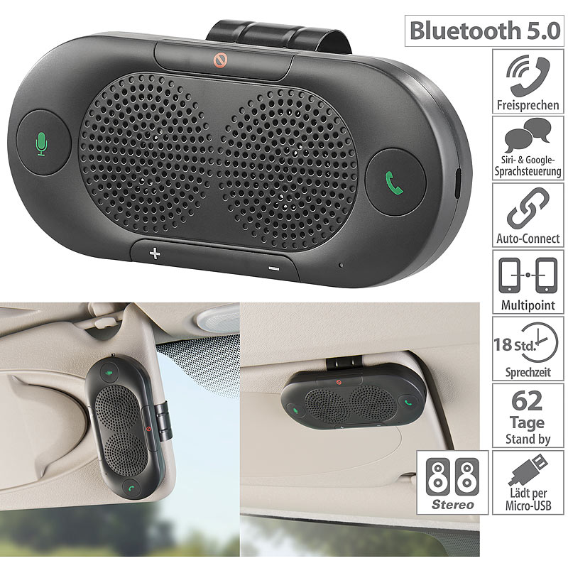 Stereo-Kfz-Freisprecher mit Bluetooth 5, Siri- und Google-kompatibel