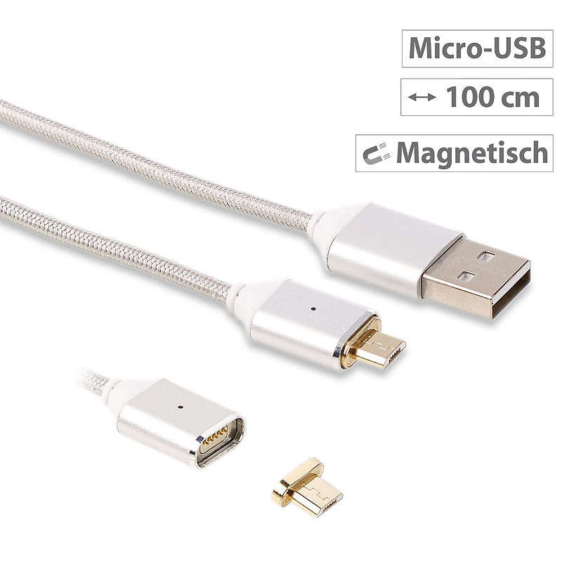 USB-Lade- & Datenkabel mit magnetischem Micro-USB-Stecker, 1 m, silber