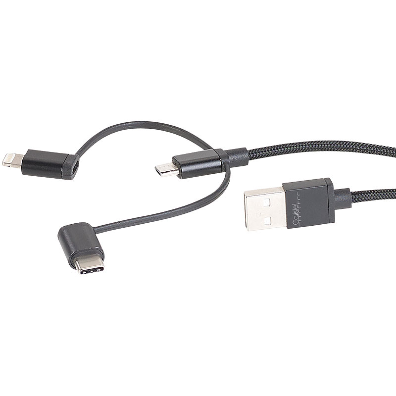 3in1-Ladekabel für Micro-USB, USB-C, Lightning, MFI, 1 m, 2,1A, Textil