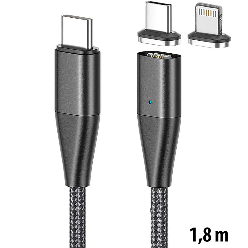 Magnetisches USB-C-Schnell-Ladekabel, Typ C & Lightning, 1,8 m, 3 A