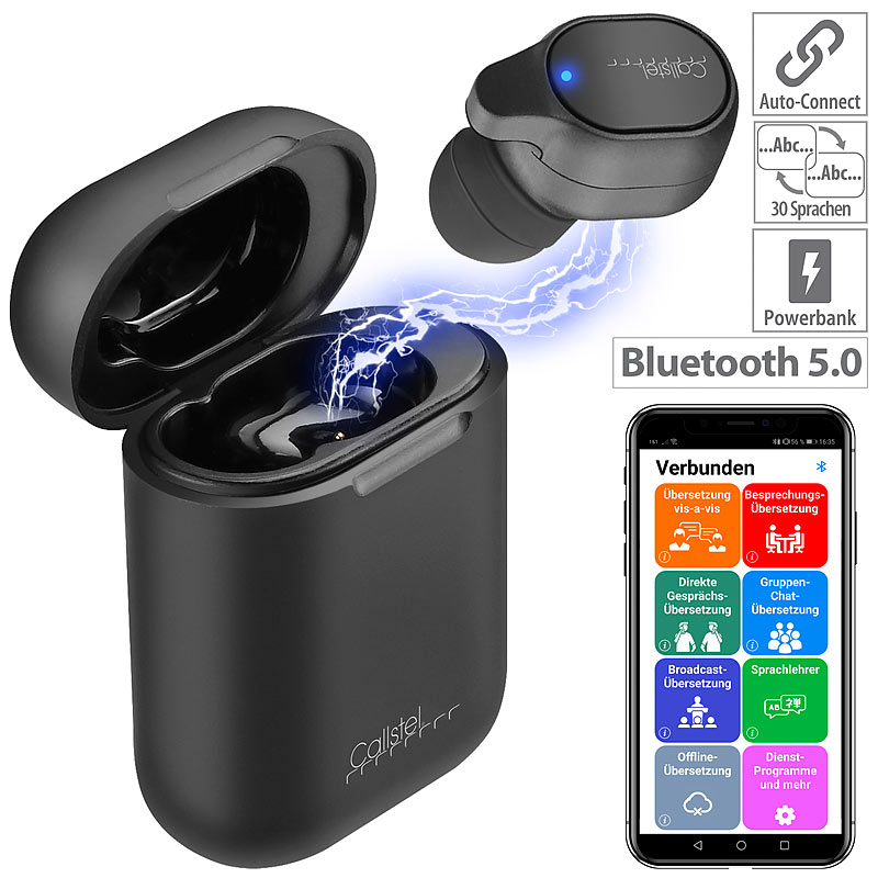 2in1-Live-Übersetzer und In-Ear-Mono-Headset mit Powerbank-Box & App