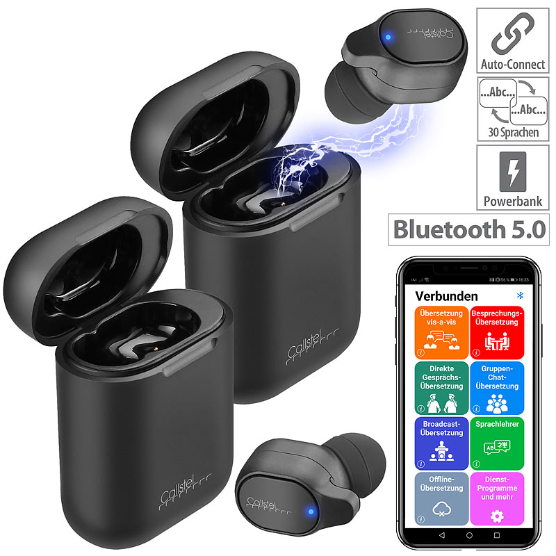 2er-Set 2in1-Live-Übersetzer, In-Ear-Mono-Headset, Powerbank-Box & App