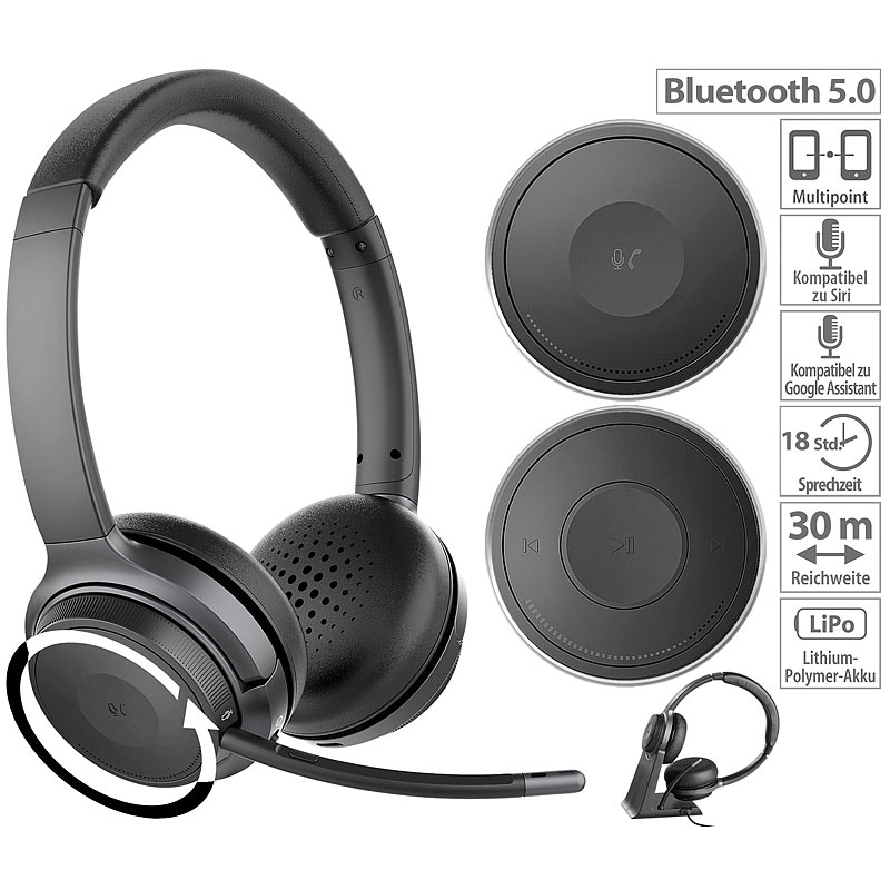 Profi-Stereo-Headset mit Bluetooth 5, 18-Std.-Akku, 30 m Reichweite