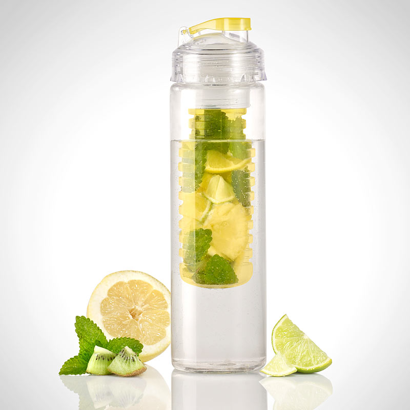 Trinkflasche, Wasserflasche mit Fruchtbehälter, Tritan, BPA-frei, gelb