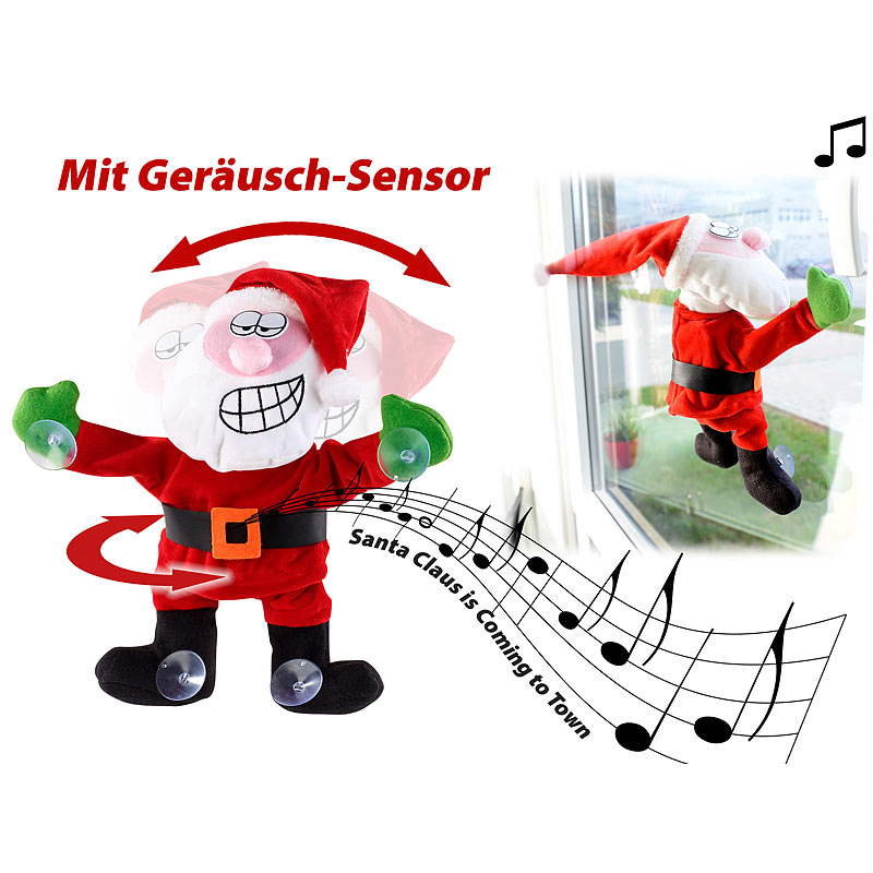 Singender & tanzender Weihnachtsmann mit Saugnäpfen & Geräusch-Sensor