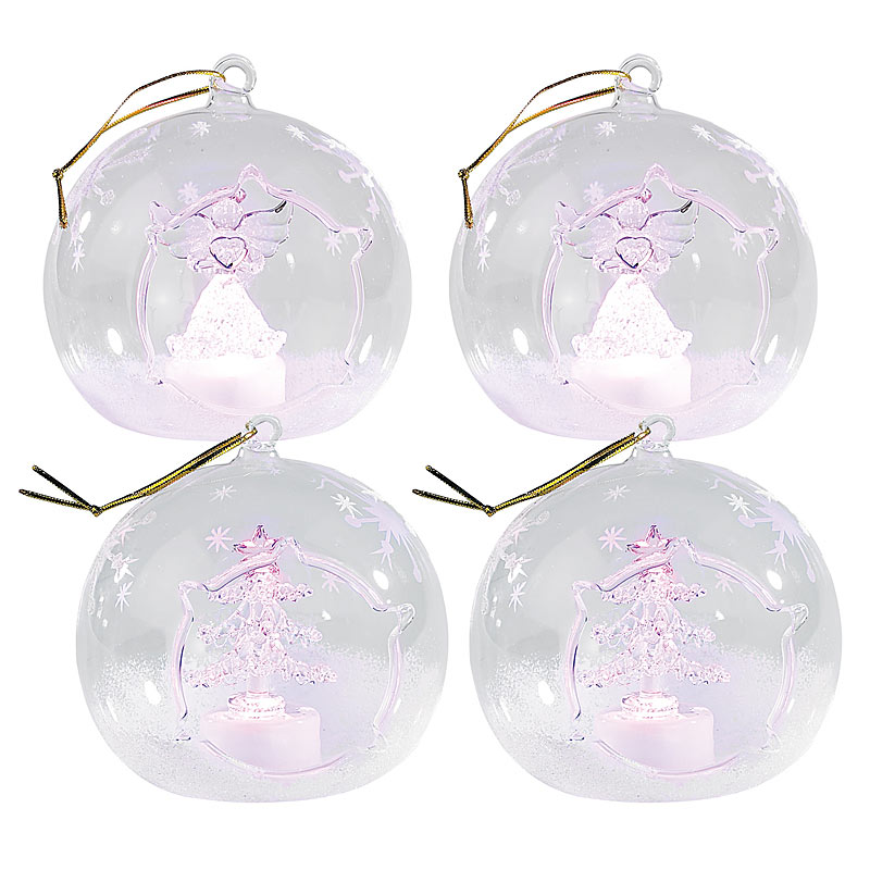 Mundgeblasene LED-Glas-Ornamente in Kugelform, 4er-Set