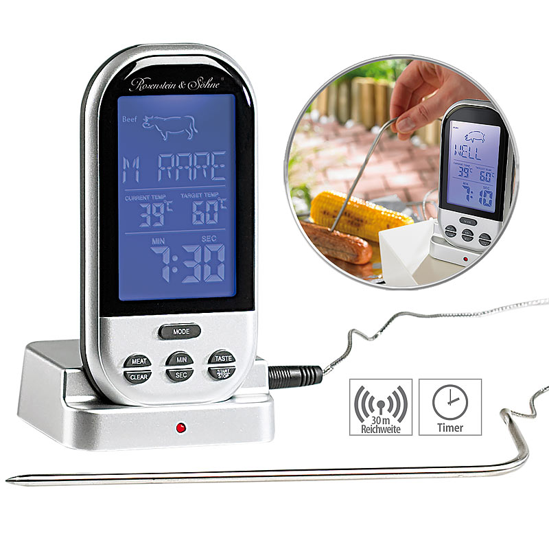 Funk-Brat-/Grillthermometer, externes XXL-Display, 8 Fleischsorten