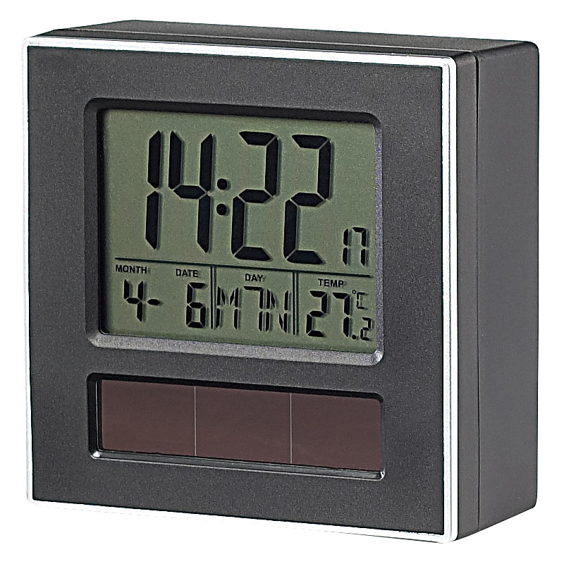 Solar-Funkwecker DCF mit LCD-Display, Kalender & Thermometer