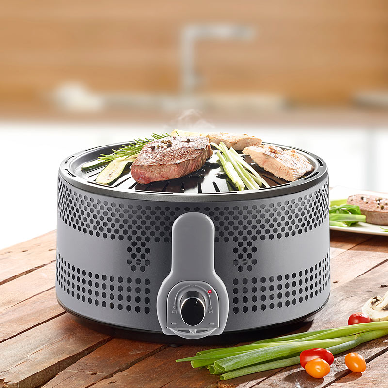 Rauchfreier Turbo-Holzkohle-Tischgrill mit Gebläse, 30 cm, 2 Aufsätze