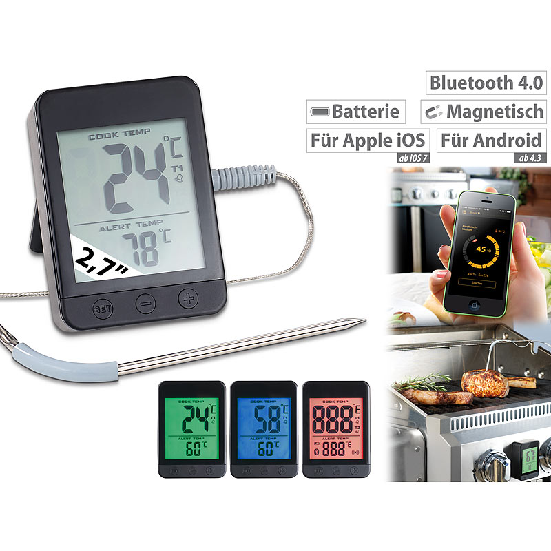 Grillthermometer, Bluetooth, App für Android/iOS, 1 Temperatur-Fühler
