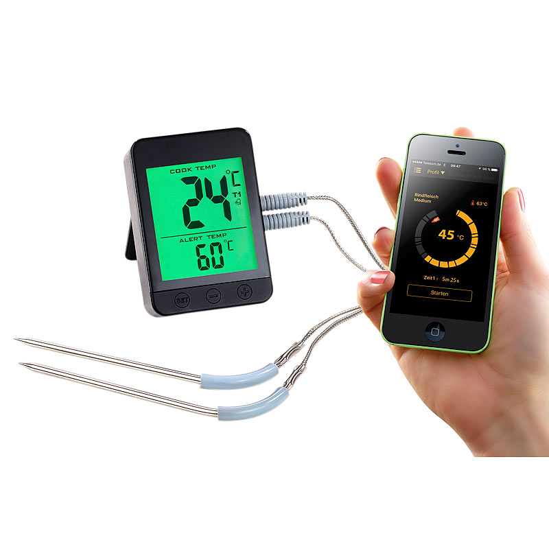 Grillthermometer m. Bluetooth, Android- & iOS-App, 2 Temperatur-Fühler