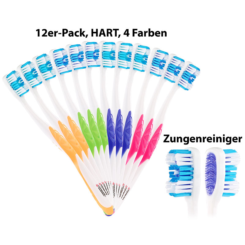 12er-Pack Marken-Zahnbürsten mit Zungenreiniger, HART, 4 Farben