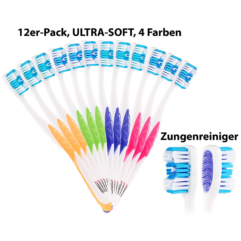 12er-Pack Marken-Zahnbürsten mit Zungenreiniger, ULTRA-SOFT, 4 Farben