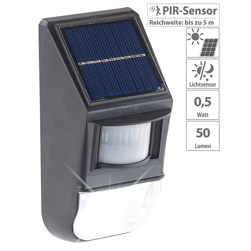 LED-Solar-Wandleuchte, Dämmerungs- & PIR-Bewegungssensor, 50 lm, 0,5 W