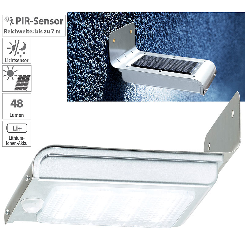 Edelstahl-LED-Solar-Wandleuchte, Licht- & Bewegungssensor, 48 lm, 0,5W