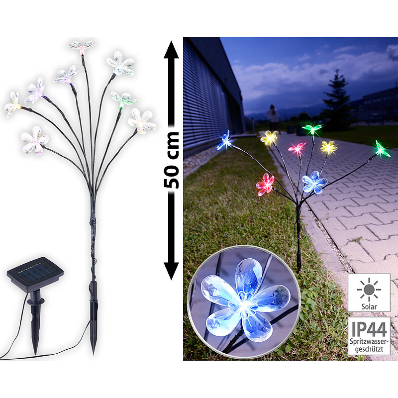 Solar-LED-Lichterstrauch mit 8 Blüten und Erdspieß, multicolor, 50 cm