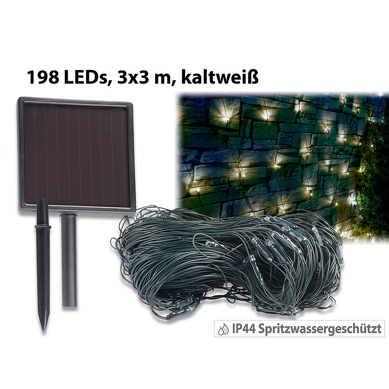 Solar-LED-Lichternetz, 198 LEDs, kaltweiß, 3 x 3 m, IP44