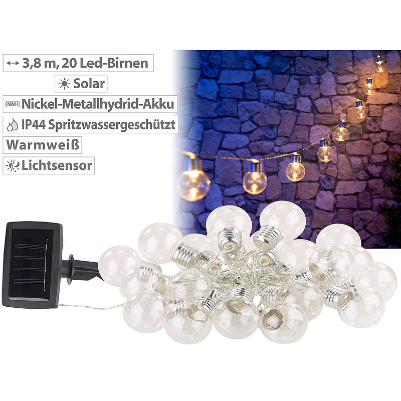 Solar-LED-Lichterkette mit 20 LEDs in Glühbirnenform, 3,8 Meter, IP44