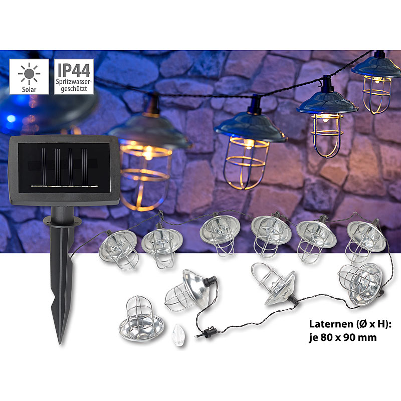 Solar-LED-Lichterkette mit 10 Metall-Laternen, warmweiß, IP44, 1,6 m