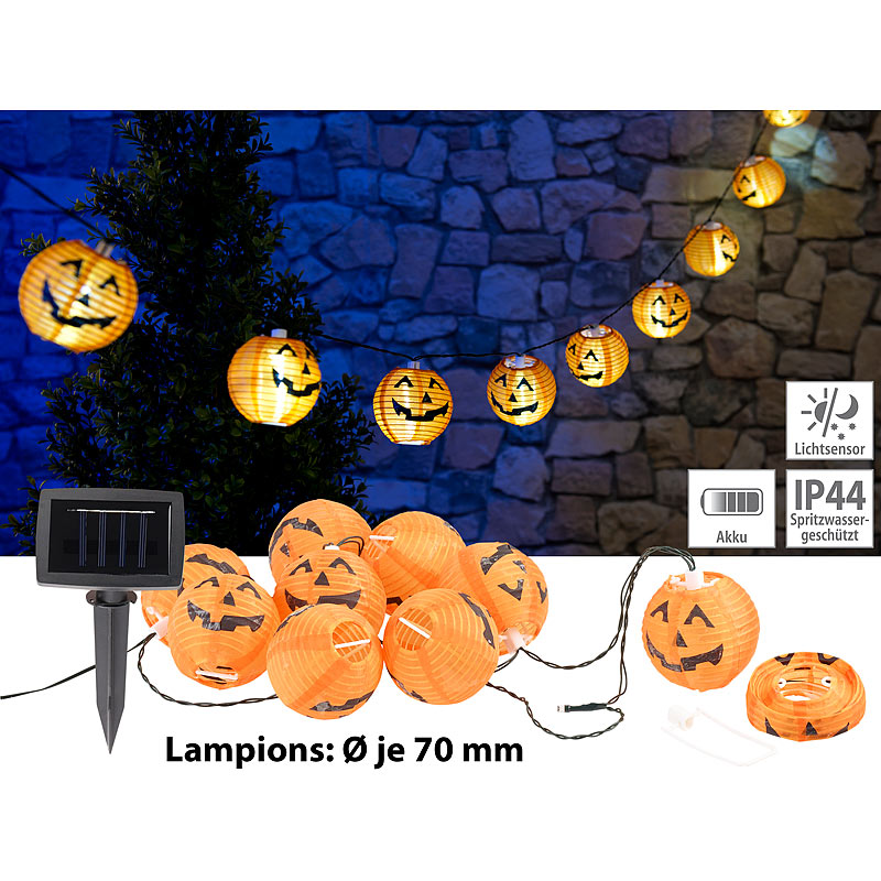 Solar-Lichterkette mit 10 LED-Lampions im Halloween-Kürbis-Look, IP44