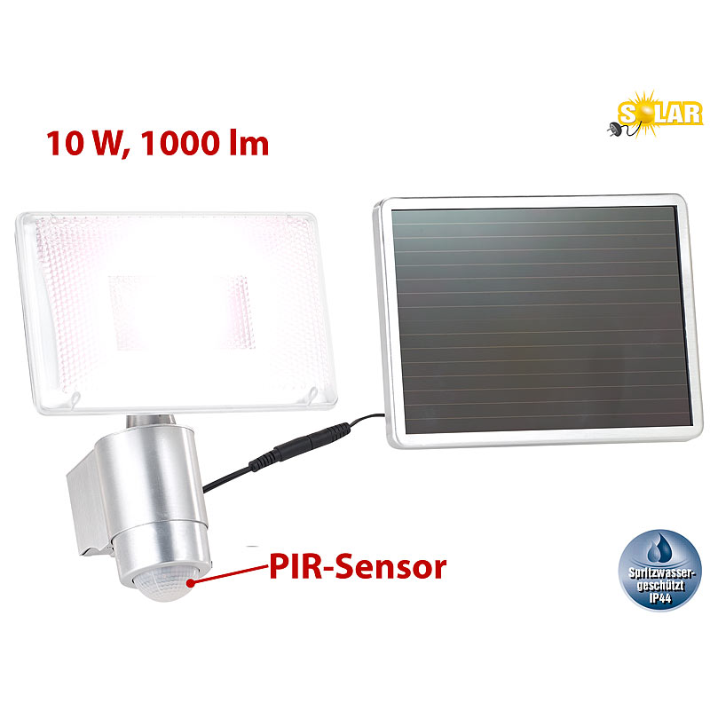 Solar-LED-Strahler aus Aluminium mit PIR-Sensor, 10 W, 1.000 lm, IP44