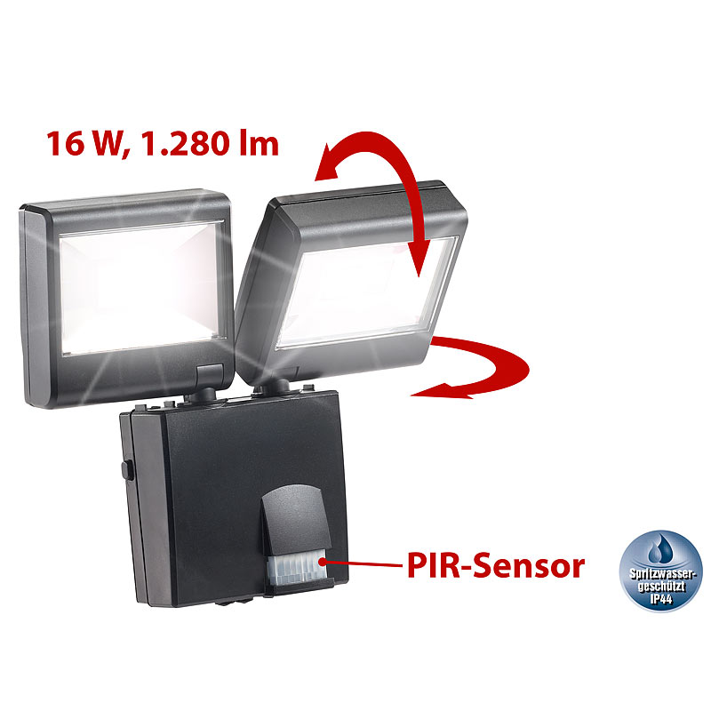 Duo-LED-Außenstrahler mit PIR-Sensor, 16 Watt, 1.280 lm, IP44