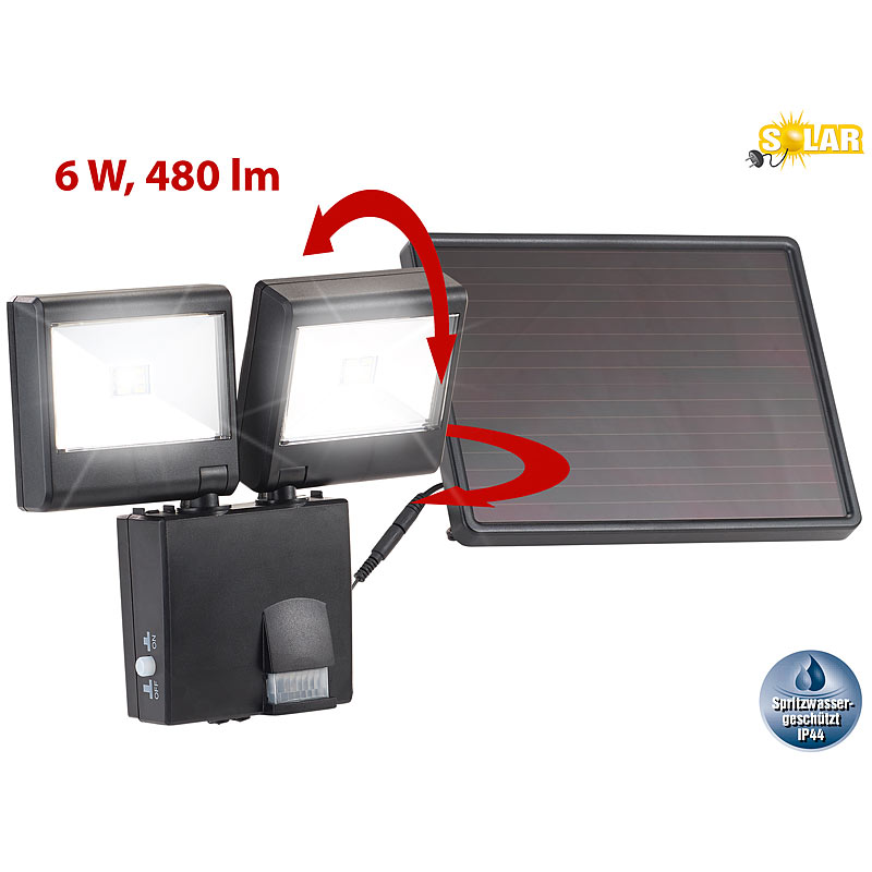 Duo-Solar-LED-Außenstrahler mit PIR-Bewegungssensor, 6 W, 480 lm, IP44