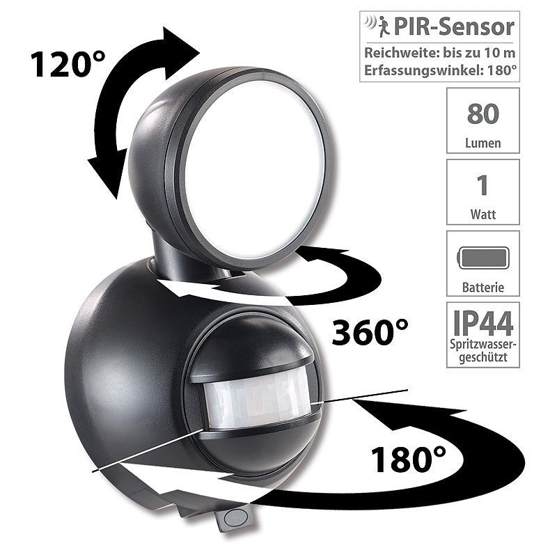 Kabellose LED-Außenleuchte, PIR-Bewegungsmelder, 1 W, 80lm, IP44, 7 Mo