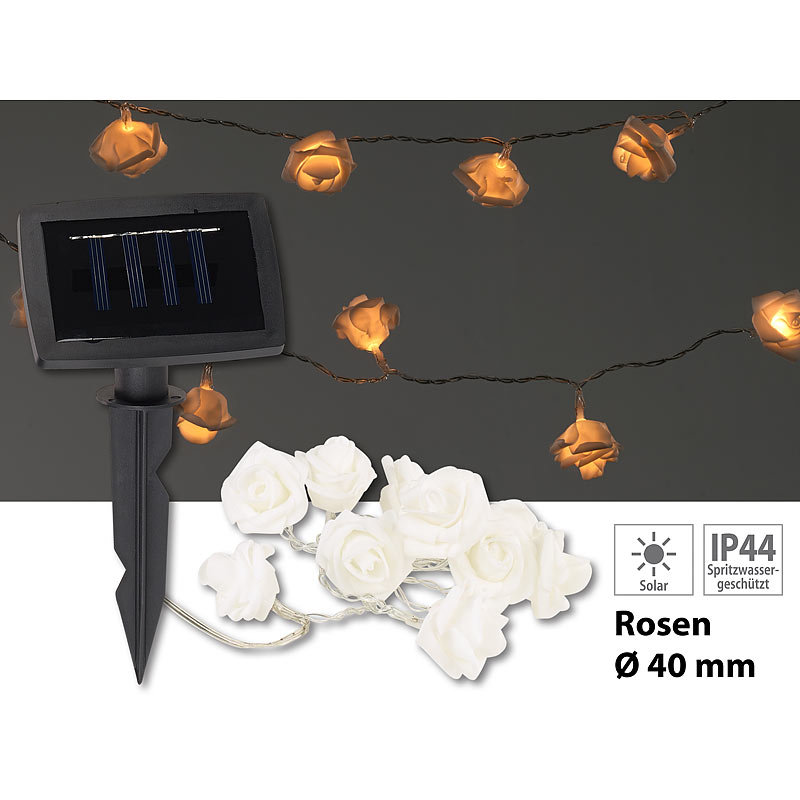 Solar-LED-Lichterkette mit 10 weißen Rosen, warmweiß, IP44, 1 m